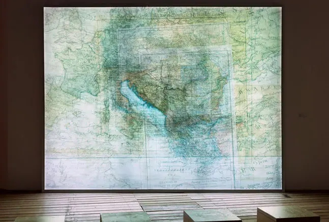 Lana Čmajčanin, 551.35 – Geometry of Time, 2014, lightbox 306x395x25 cm, print on Barrisol canvas, overlapping historical maps of Bosnia and Herzegovina