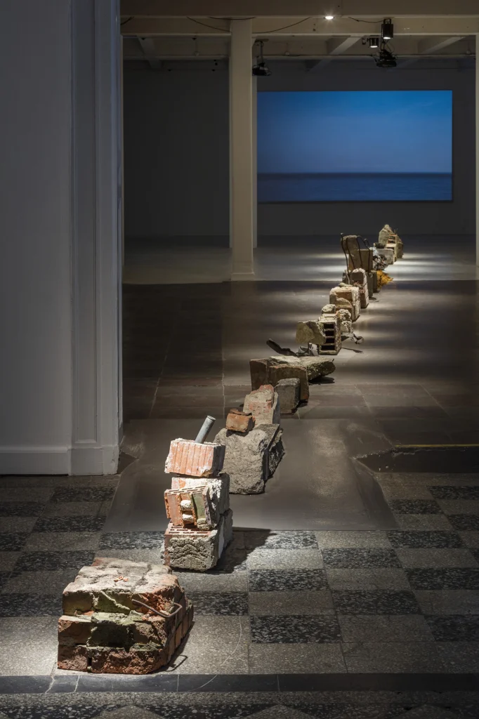 Ismar Čirkinagić, Line of the Horizon, 2017, war debris arranged in a line, spatial installation