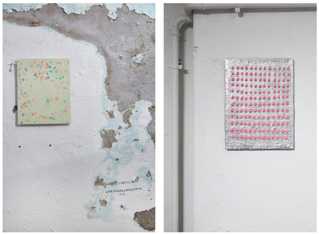 Annika Unterburg, Liebesperlen 1, Liebesperlen and binder, 2015, and Join the Flamingo Night Club!, wood and hooks, 2017. Photo: stephiwald.com.
