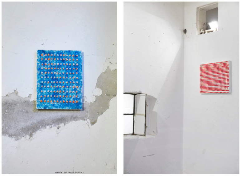 Annika Unterburg, Happy Birthday, Death!, wood and hooks, 2017, and installation view, Heading for a Land of Eternal Sunshine, xpon-art Hamburg, March 2017. Photo: stephiwald.com.