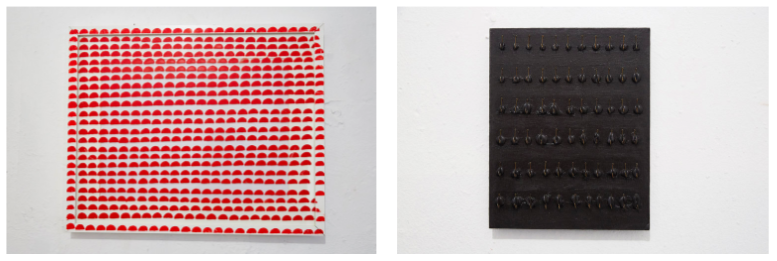 Nina Wengel, Oh, what a beautiful eternity, ongoing mixed media series, and Annika Unterburg, Fishing for Compliments, wood and hooks, 2015. Photo: stephiwald.com.