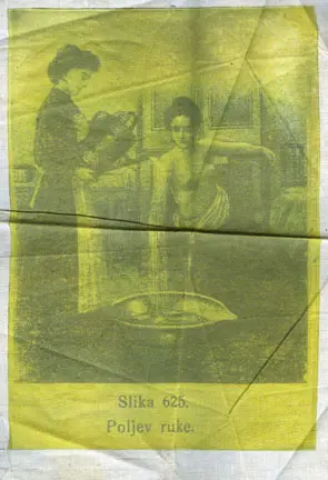 Nada Prlja, Walking on Water According to Dr. Kneipp, imprints on nightgowns, installation view, Institute of Physical Rehabilitation, Skopje, 1997. Etching 20x30 cm.