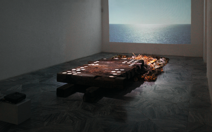 Ismar Čirkinagić, sculptural installation with railway sleepers and rice grains, Moments of Clarity, Havana, 2018.